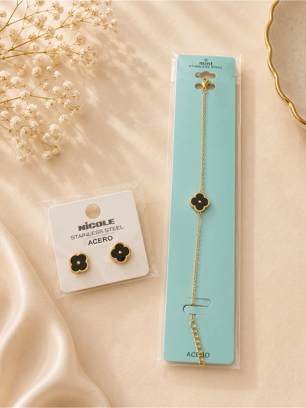 Black bracelet with earrings black and gold stainless steel